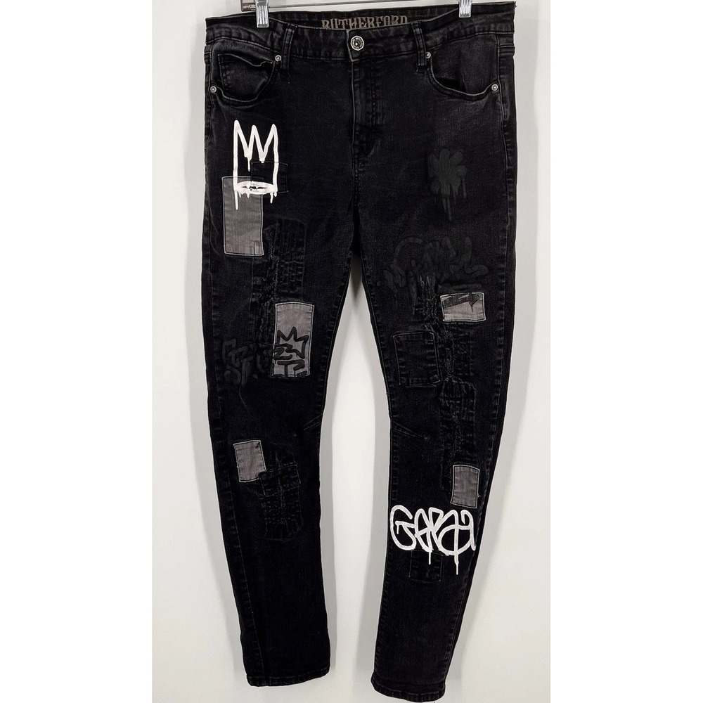 Rutherford Skinny Fit Jeans Mens 34 Distressed Graffiti Patches Streetwear Bold